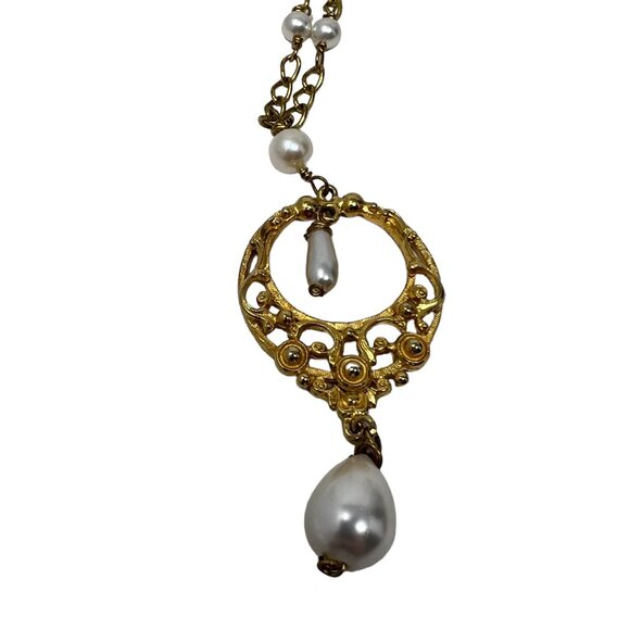 Vintage Florenza Necklace Long Statement Gold Tone Pearl Stations and Pendant - Picture 3 of 6